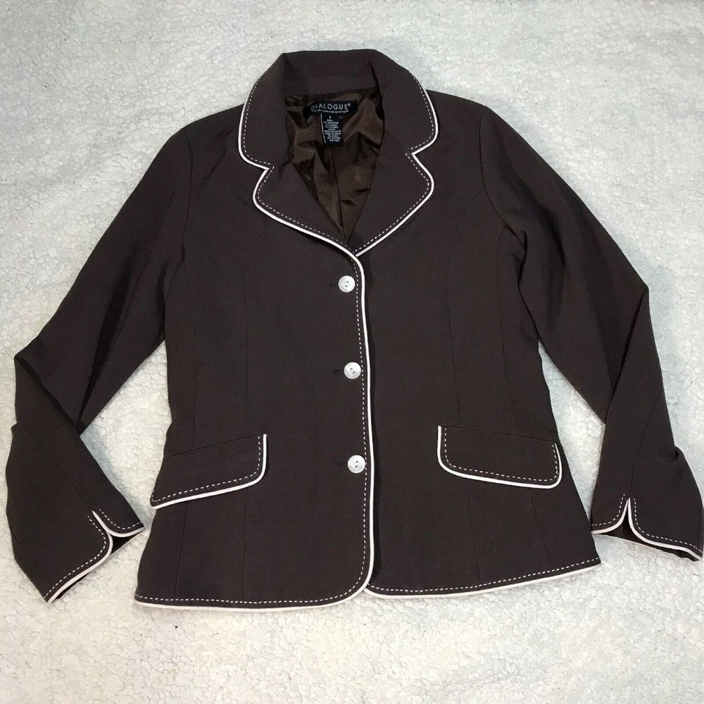 womens sz 4 blazer jacket brown long sleeve lined v neck button pocket dialogue